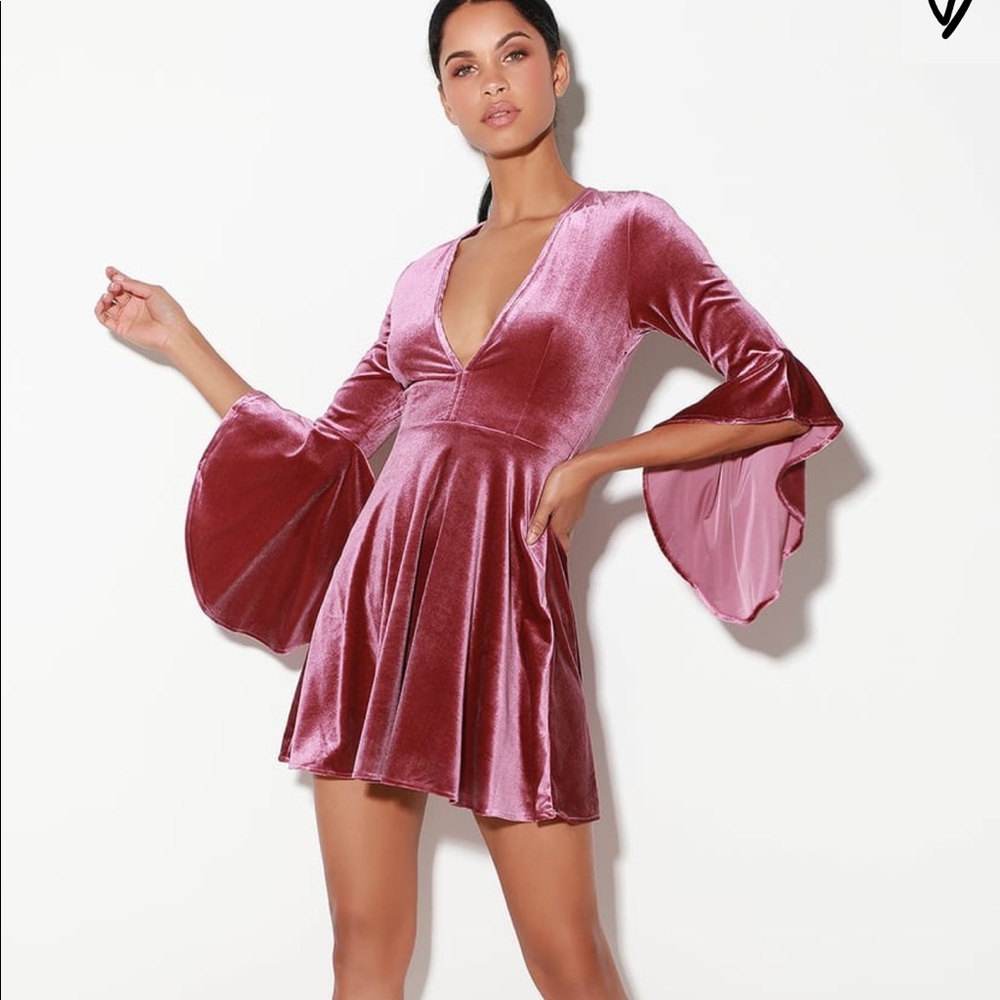 Mauve Velvet Bell Sleeve Skater Dress